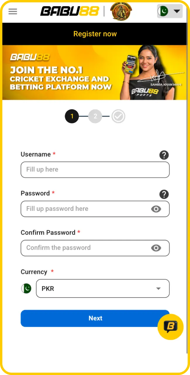 Review the registration form on the Babu88 App mobile interface.