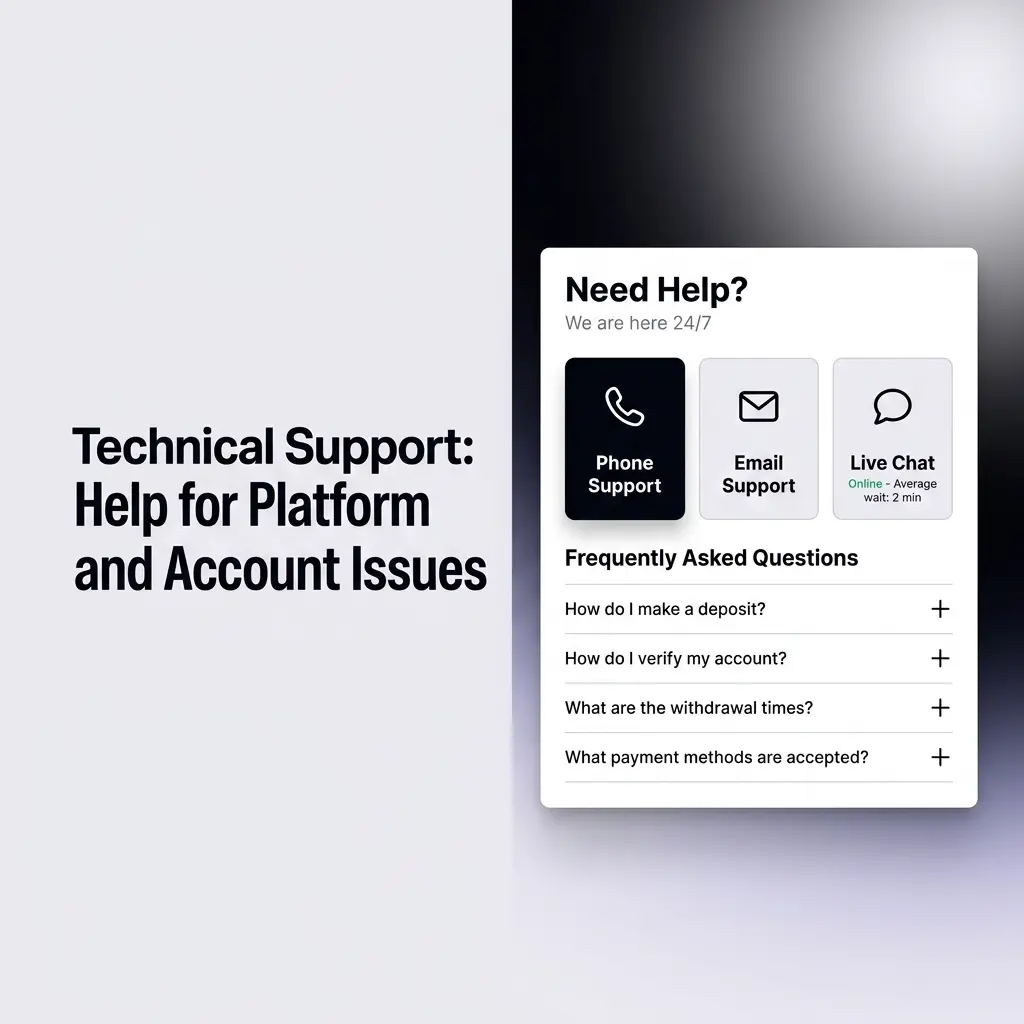 Technical support team resolving platform login, payment, game, and account issues with live chat and email help options.