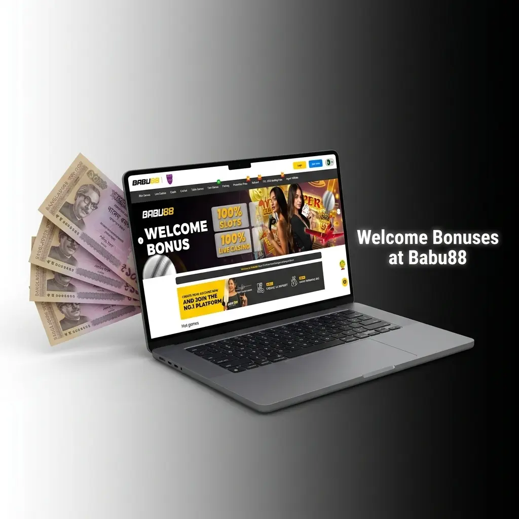 Babu88 welcome bonus table showing 100% deposit match up to 18,000 BDT for slots and sports betting in Bangladesh