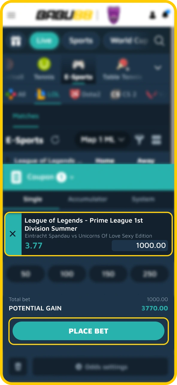 Confirm your electronic sports bet slip with Babu88 official.